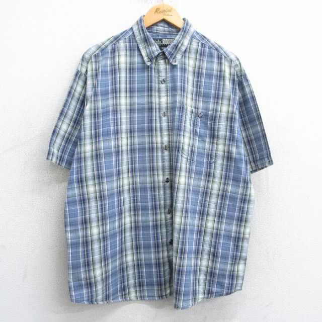 XL★古着 半袖 シャツ メンズ 90年代 90s 大きいサイズ コットン ボタンダウン 紺他 ネイビー チェック 25apr07 中古 トップス