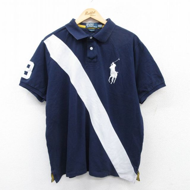 XL★古着 ラルフローレン Ralph Lauren 半袖 ブランド　ラガー シャツ メンズ ビッグポニー 鹿の子 コットン 紺 ネイビー 【spe】 25apr07 中古 トップス