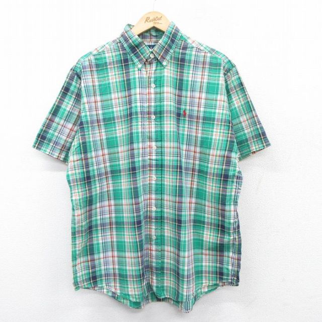 XL★古着 ラルフローレン Ralph Lauren 半袖 ブランド シャツ メンズ 90年代 90s ワンポイントロゴ コットン ボタンダウン 緑他 グリーン チェック 25apr07 中古 トップス