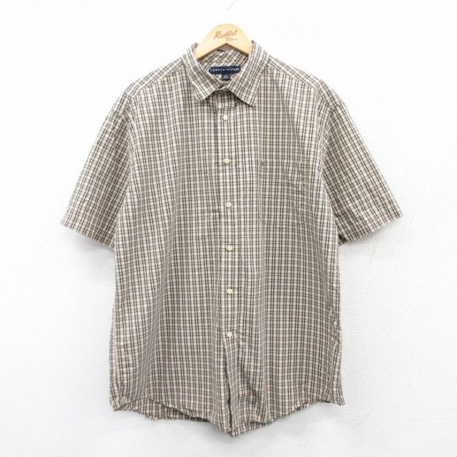 XL★古着 トミーヒルフィガー TOMMY HILFIGER 半袖 ブランド シャツ メンズ ワンポイントロゴ コットン ベージュ他 カーキ チェック 25apr07 中古 トップス