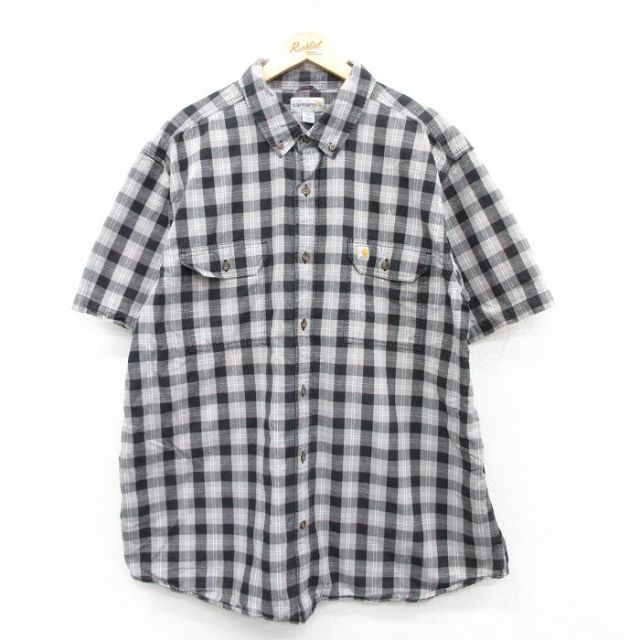 XL★古着 カーハート Carhartt 半袖 シャツ メンズ 大きいサイズ コットン ボタンダウン グレー他 チェック 25apr07 中古 トップス