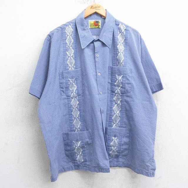 XL★古着 HABAND 半袖 キューバ シャツ メンズ 90年代 90s 大きいサイズ 紺他 ネイビー チェック 【spe】 25apr07 中古 トップス