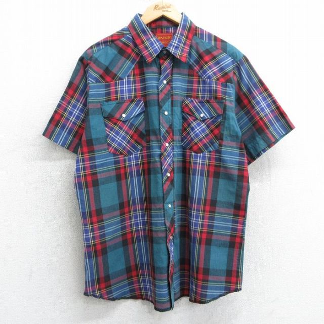 XL★古着 ラスラー 半袖 ウエスタン シャツ メンズ 90年代 90s 緑他 グリーン チェック 25apr07 中古 トップス