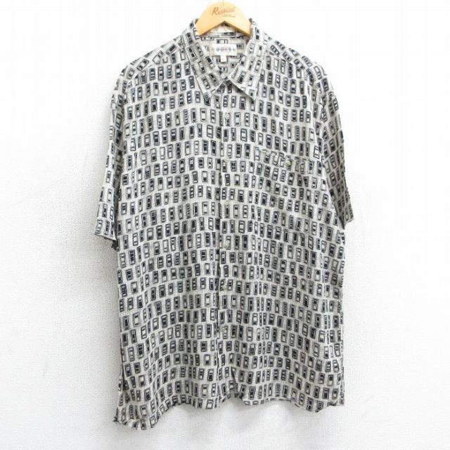 XL★古着 半袖 シャツ メンズ 90年代 90s 総柄 レーヨン ベージュ他 カーキ 25apr07 中古 トップス