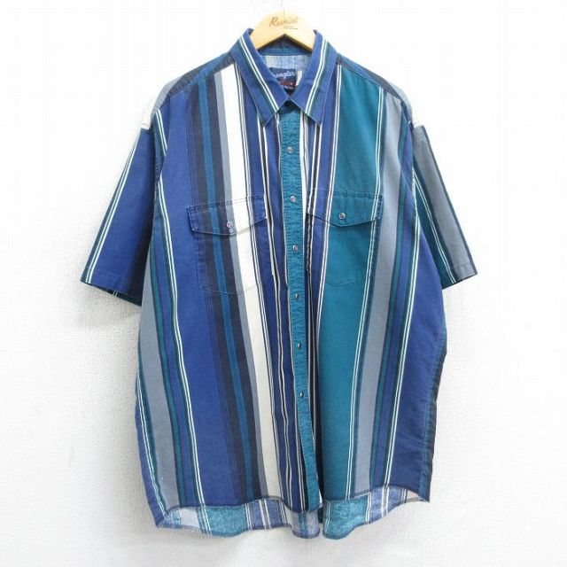 XL★古着 ラングラー Wrangler 半袖 ウエスタン シャツ メンズ 90年代 90s 大きいサイズ コットン 紺他 ネイビー ストライプ 25apr07 中古 トップス
