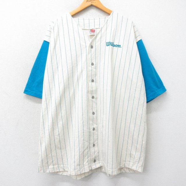 XL★古着 ウィルソン 半袖 ベースボール シャツ メンズ 90年代 90s ワンポイントロゴ 大きいサイズ ロング丈 コットン 生成り他 ストライプ 【spe】 25apr07 中古 トップス