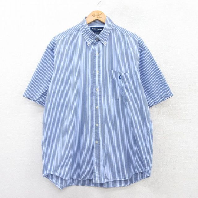 XL★古着 ラルフローレン Ralph Lauren ゴルフ 半袖 ブランド シャツ メンズ 90年代 90s ワンポイントロゴ TILDEN 大きいサイズ コットン ボタンダウン 薄紺他 ネイビー ストライプ 25apr09 中古 トップス