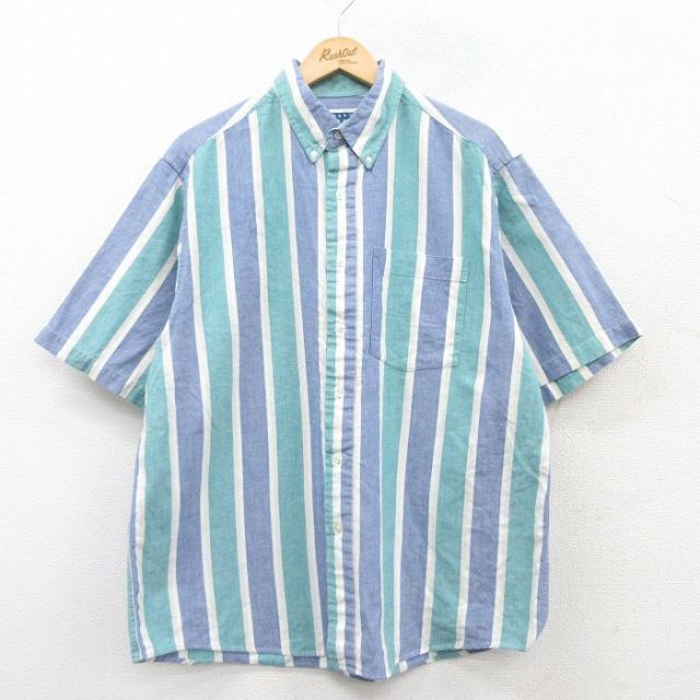 XL★古着 半袖 シャツ メンズ 00年代 00s コットン ボタンダウン 紺他 ネイビー ストライプ 【spe】 25apr09 中古 トップス