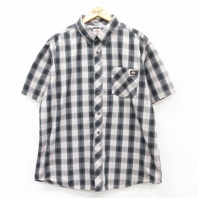 XL★古着 ディッキーズ Dickies 半袖 シャツ メンズ 大きいサイズ ロング丈 ボタンダウン 黒他 ブラック チェック 25apr09 中古 トップス