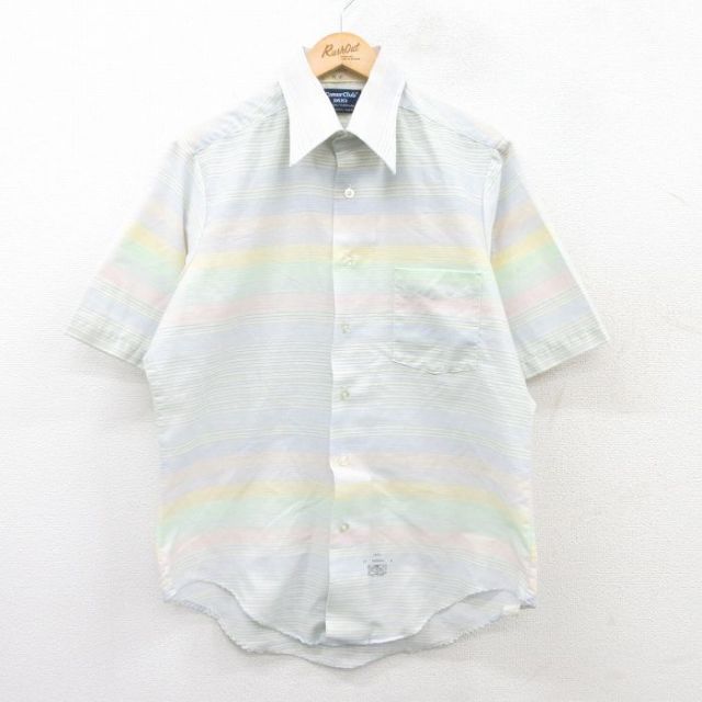 L★古着 半袖 シャツ メンズ 70年代 70s USA製 薄紺他 ネイビー ボーダー 25apr10 中古 トップス