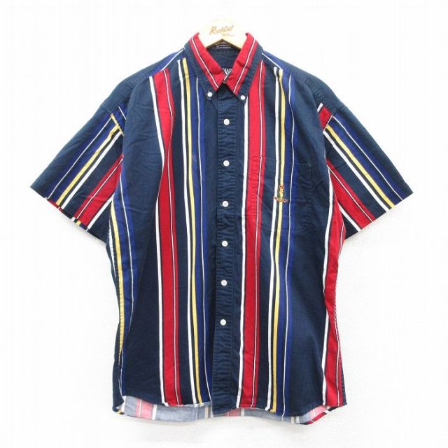 L★古着 ラルフローレン Ralph Lauren チャップス 半袖 ブランド シャツ メンズ 90年代 90s ワンポイントロゴ コットン ボタンダウン 紺他 ネイビー ストライプ 25apr10 中古 トップス