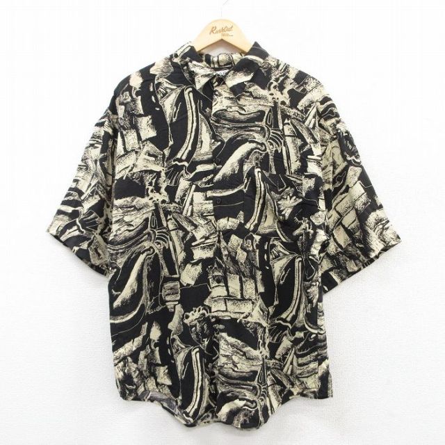 L★古着 半袖 シャツ メンズ レーヨン 黒他 ブラック 25apr10 中古 トップス