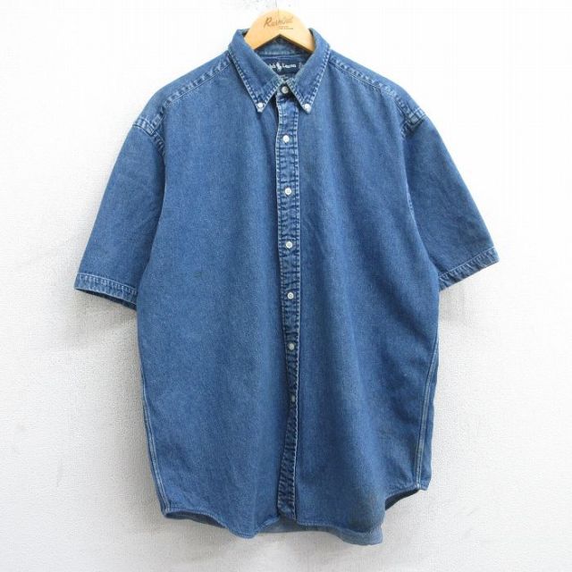 XL★古着 ラルフローレン Ralph Lauren 半袖 ブランド シャツ メンズ 90年代 90s ワンポイントロゴ BLAKE 大きいサイズ コットン ボタンダウン 紺 ネイビー デニム 【spe】 25apr10 中古 トップス
