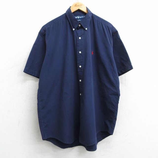 XL★古着 ラルフローレン Ralph Lauren 半袖 ブランド シャツ メンズ 90年代 90s ワンポイントロゴ BLAKE 大きいサイズ コットン ボタンダウン 紺 ネイビー 25apr10 中古 トップス