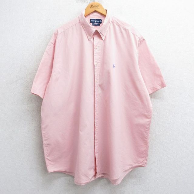 XL★古着 ラルフローレン Ralph Lauren 半袖 ブランド シャツ メンズ 90年代 90s ワンポイントロゴ BLAKE 大きいサイズ ロング丈 コットン ボタンダウン 薄ピンク 25apr10 中古 トップス
