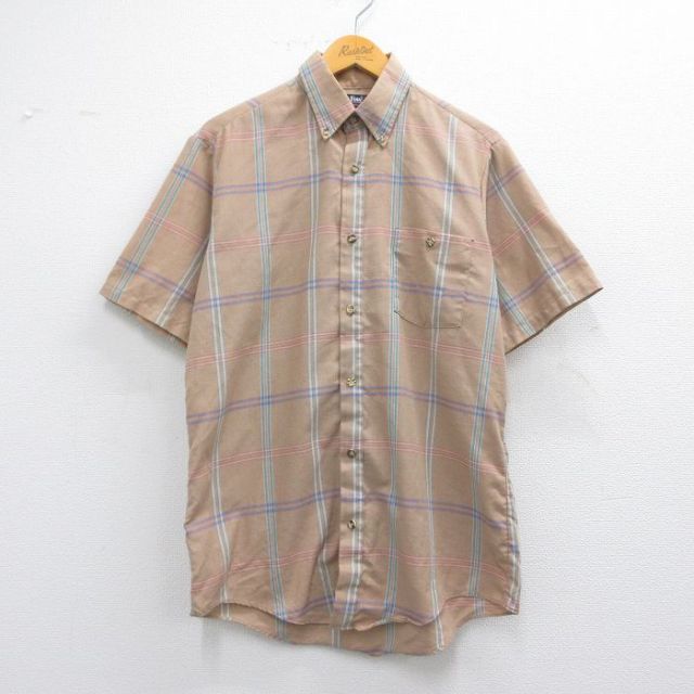 L★古着 Par Four 半袖 シャツ メンズ 80年代 80s ボタンダウン USA製 薄茶他 ブラウン チェック 25apr10 中古 トップス