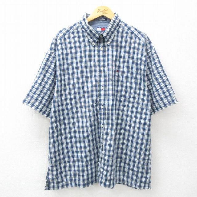 XL★古着 トミーヒルフィガー TOMMY HILFIGER 半袖 ブランド シャツ メンズ 90年代 90s ワンポイントロゴ 大きいサイズ コットン ボタンダウン 紺他 ネイビー チェック 25apr11 中古 トップス