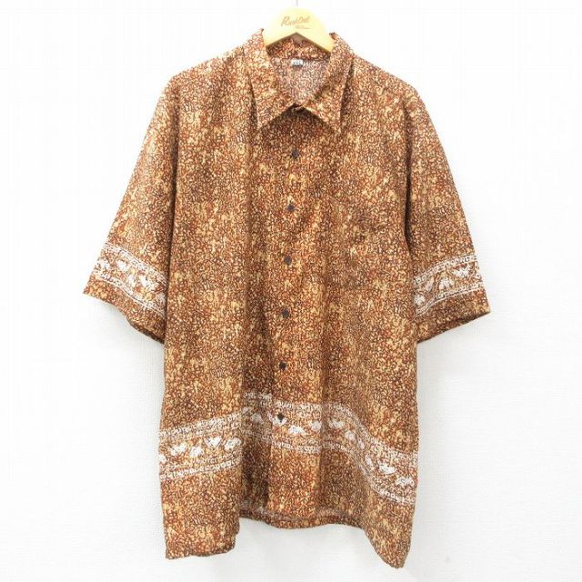 XL★古着 半袖 シャツ メンズ 大きいサイズ ロング丈 茶他 ブラウン 25apr11 中古 トップス