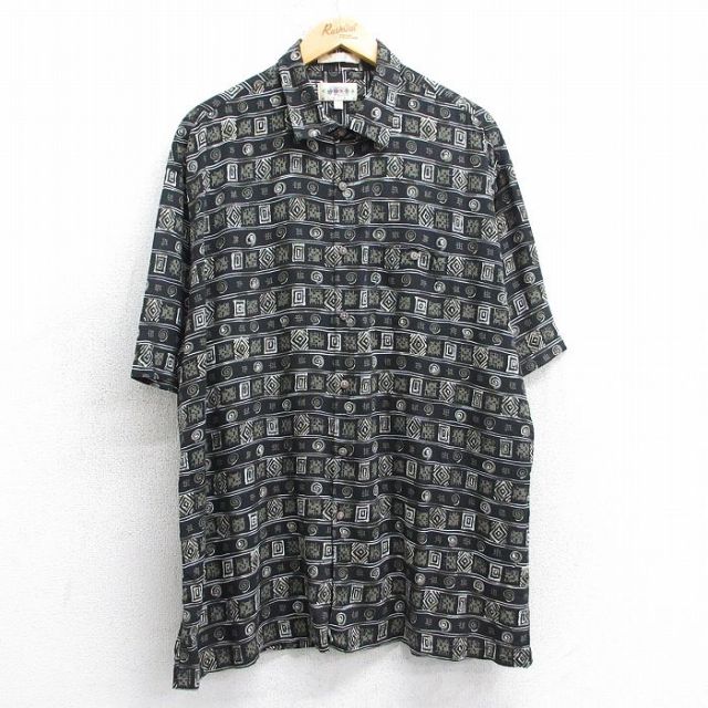 XL★古着 半袖 シャツ メンズ 90年代 90s 総柄レーヨン 黒他 ブラック 25apr14 中古 トップス