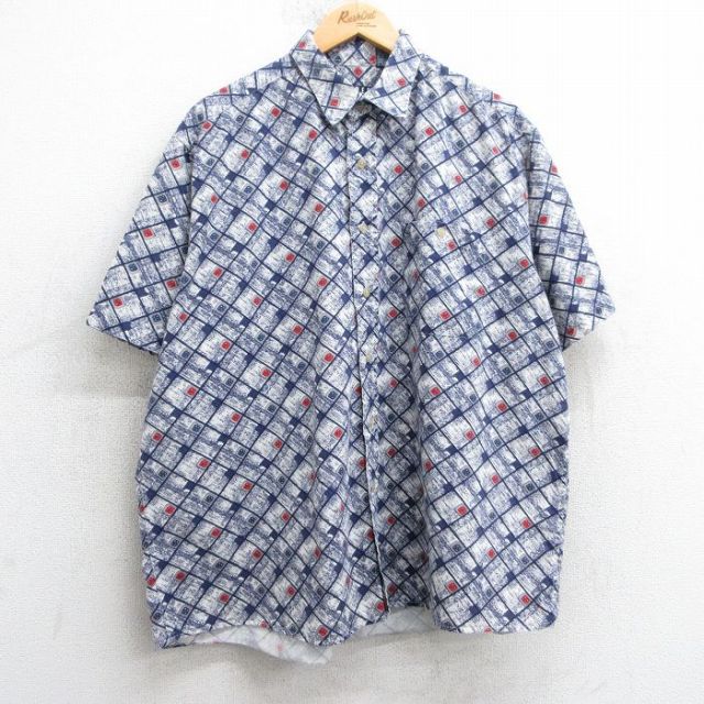 XL★古着 半袖 シャツ メンズ 00年代 00s 総柄 コットン ボタンダウン 紺他 ネイビー 25apr14 中古 トップス