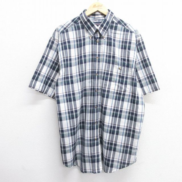 XL★古着 半袖 シャツ メンズ 大きいサイズ ロング丈 ボタンダウン 白他 ホワイト チェック 25apr14 中古 トップス