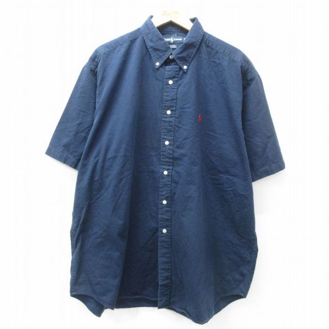 XL★古着 ラルフローレン Ralph Lauren 半袖 ブランド シャツ メンズ 90年代 90s ワンポイントロゴ BLAIRE 大きいサイズ ロング丈 コットン ボタンダウン 濃紺 ネイビー 25apr16 中古 トップス