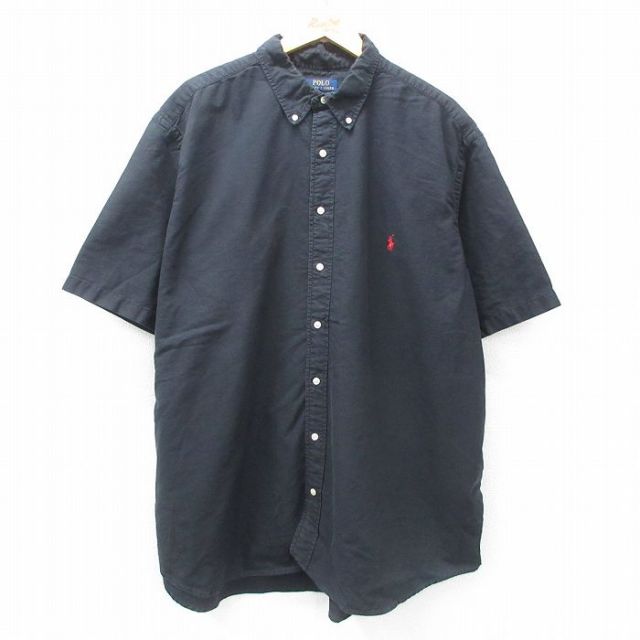XL★古着 ラルフローレン Ralph Lauren 半袖 ブランド シャツ メンズ ワンポイントロゴ 大きいサイズ ロング丈 コットン ボタンダウン 黒 ブラック 25apr16 中古 トップス