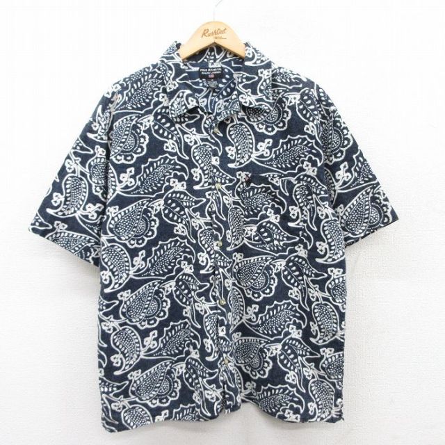 XL★古着 ラルフローレン Ralph Lauren ポロジーンズ 半袖 ブランド シャツ メンズ 00年代 00s 葉 リネン 開襟 オープンカラー 紺他 ネイビー 【spe】 25apr17 中古 トップス