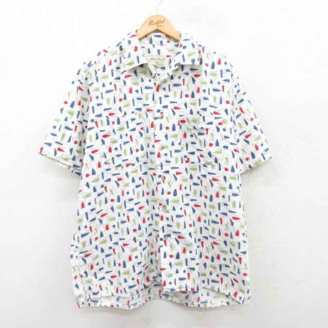 XL★古着 エディーバウアー 半袖 シャツ メンズ 00年代 00s 総柄 大きいサイズ リネン 白他 ホワイト 25apr17 中古 トップス