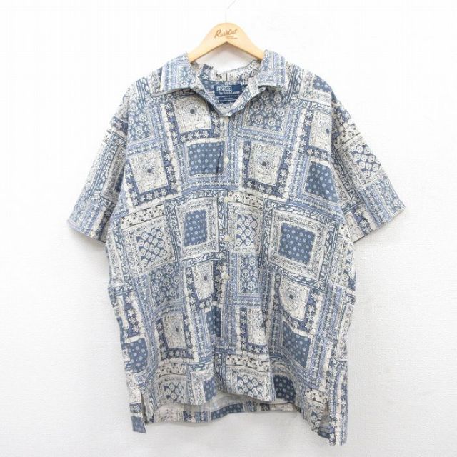 XL★古着 ラルフローレン Ralph Lauren 半袖 ブランド シャツ メンズ 90年代 90s CALDWELL 総柄 大きいサイズ リネン 開襟 オープンカラー 薄紺他 ネイビー 【spe】 25apr17 中古 トップス