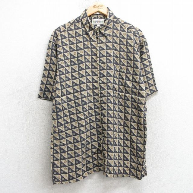 L★古着 半袖 シャツ メンズ 90年代 90s 総柄 レーヨン ベージュ他 カーキ 25apr17 中古 トップス