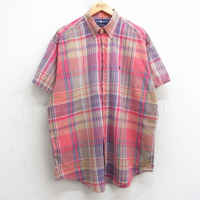 XL★古着 ラルフローレン Ralph Lauren 半袖 ブランド シャツ メンズ 90年代 90s ワンポイントロゴ 大きいサイズ コットン ボタンダウン 濃ピンク他 チェック 【spe】 25apr17 中古 トップス