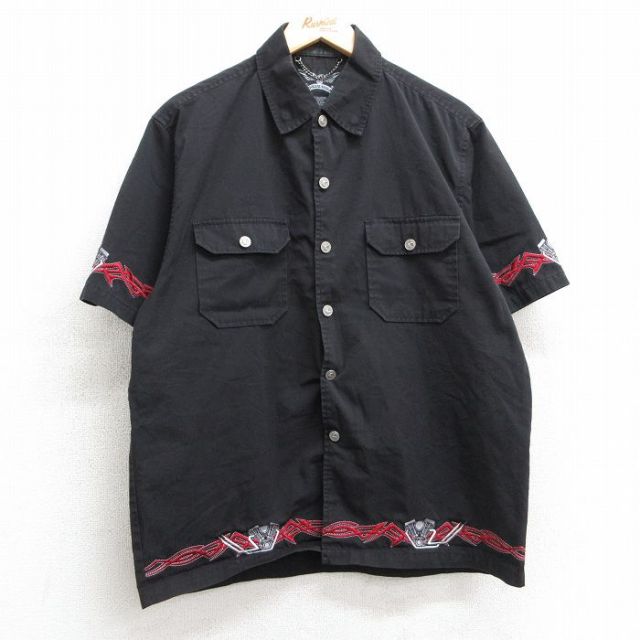 L★古着 半袖 シャツ メンズ エンジン 黒 ブラック 25apr17 中古 トップス
