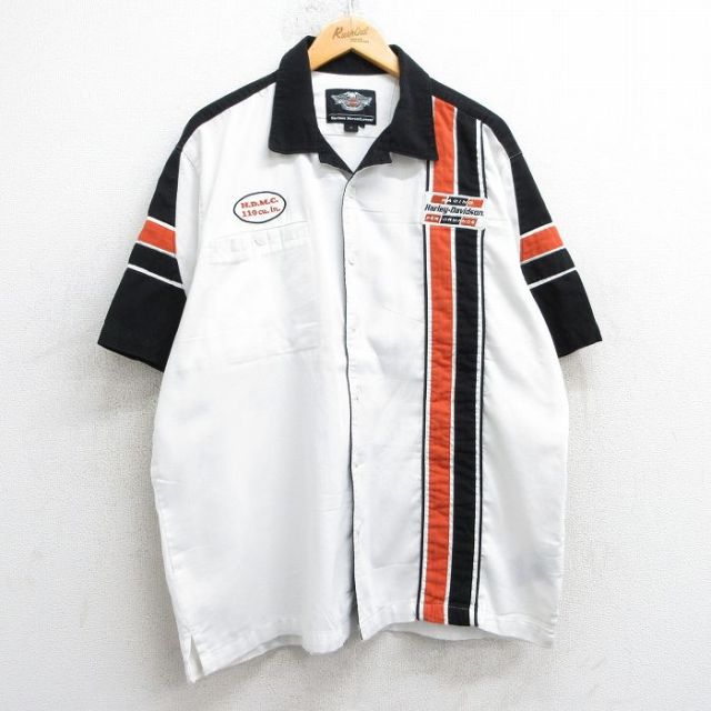XL★古着 ハーレーダビッドソン Harley Davidson 半袖 シャツ メンズ レーシング 開襟 オープンカラー 白他 ホワイト 25apr17 中古 トップス