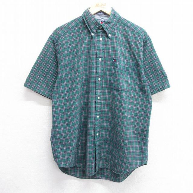 XL★古着 トミーヒルフィガー TOMMY HILFIGER 半袖 ブランド シャツ メンズ 90年代 90s ワンポイントロゴ コットン ボタンダウン 緑他 グリーン チェック 25apr18 中古 トップス