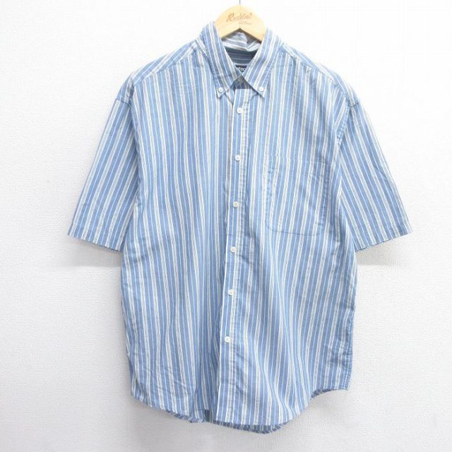 XL★古着 ピューリタン 半袖 シャツ メンズ ボタンダウン 薄紺他 ネイビー ストライプ 25apr18 中古 トップス