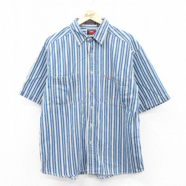 XL★古着 ラングラー Wrangler 半袖 シャツ メンズ コットン 紺他 ネイビー デニム ストライプ 25apr18 中古 トップス