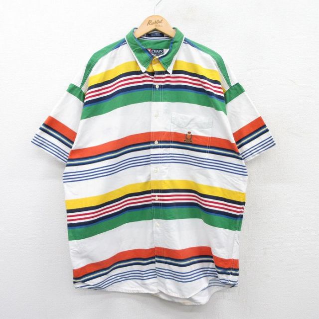 XL★古着 ラルフローレン Ralph Lauren チャップス 半袖 ブランド シャツ メンズ 90年代 90s ワンポイントロゴ 大きいサイズ ロング丈 コットン ボタンダウン 白他 ホワイト ボーダー 【spe】 25apr18 中古 トップス