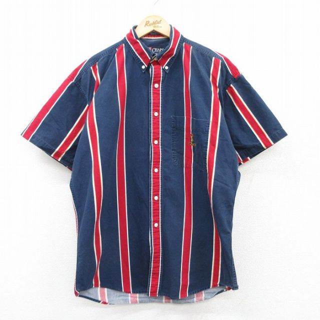 XL★古着 ラルフローレン Ralph Lauren チャップス 半袖 ブランド シャツ メンズ 90年代 90s ワンポイントロゴ コットン ボタンダウン 紺他 ネイビー ストライプ 25apr18 中古 トップス
