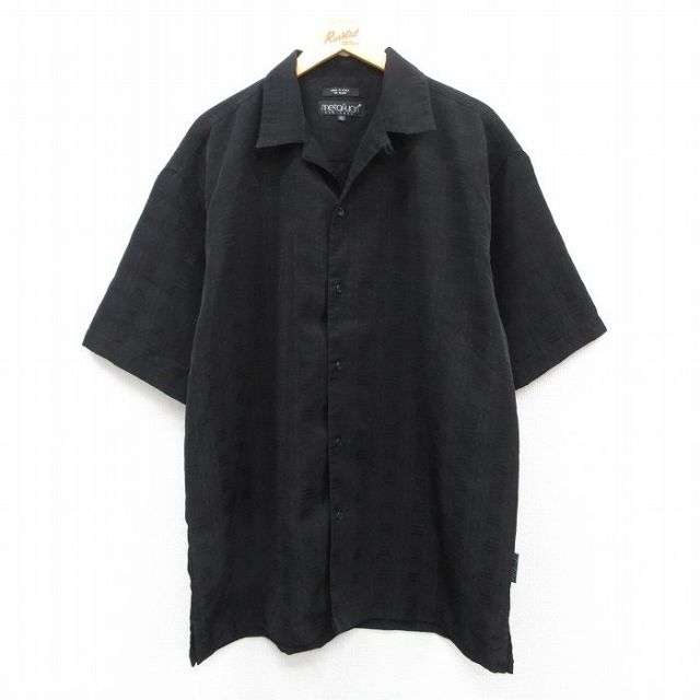 XL★古着 半袖 シャツ メンズ ロング丈 開襟 オープンカラー 黒 ブラック 25apr18 中古 トップス