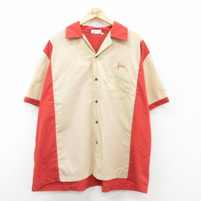 XL★古着 半袖 ボウリング シャツ メンズ 90年代 90s 大きいサイズ ツートンカラー 開襟 オープンカラー ベージュ他 カーキ 【spe】 25apr18 中古 トップス