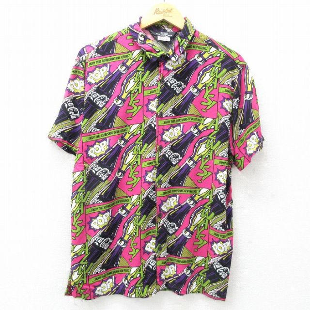 L★古着 半袖 シャツ メンズ コカコーラ レーヨン ピンク他 25apr19 中古 トップス