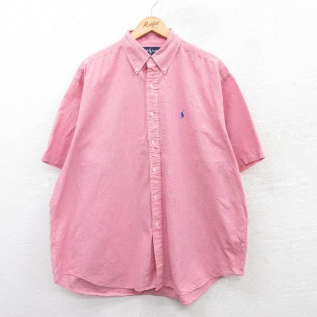 XL★古着 ラルフローレン Ralph Lauren 半袖 ブランド シャツ メンズ 90年代 90s ワンポイントロゴ BLAIRE 大きいサイズ ロング丈 コットン ボタンダウン ピンク系他 25apr19 中古 トップス