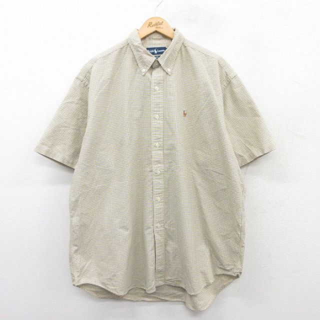 XL★古着 ラルフローレン Ralph Lauren 半袖 ブランド シャツ メンズ 90年代 90s ワンポイントロゴ BLAKE 大きいサイズ ロング丈 コットン ボタンダウン 黄他 イエロー 25apr19 中古 トップス