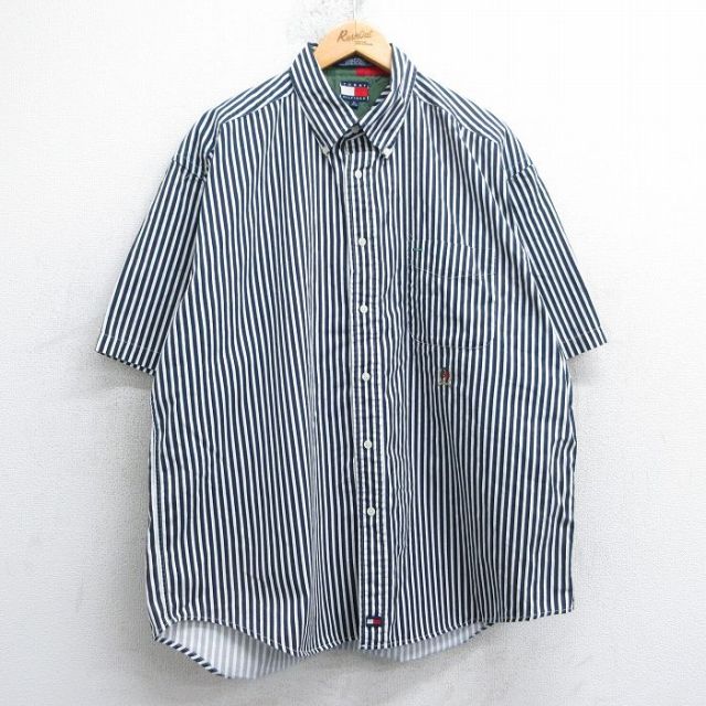 XL★古着 トミーヒルフィガー TOMMY HILFIGER 半袖 ブランド シャツ メンズ 90年代 90s ワンポイントロゴ 大きいサイズ ロング丈 コットン ボタンダウン 紺他 ネイビー ストライプ 25apr19 中古 トップス