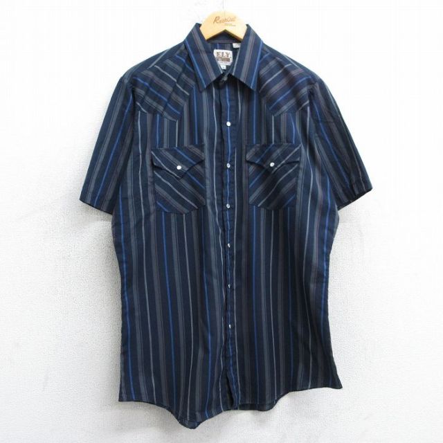 ELY 90s 半袖ウエスタンシャツ ストライプ ネイビー L | 古着