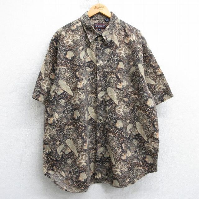 XL★古着 半袖 シャツ メンズ 00年代 00s ペイズリー柄 大きいサイズ ロング丈 リネン 茶他 ブラウン 25apr19 中古 トップス