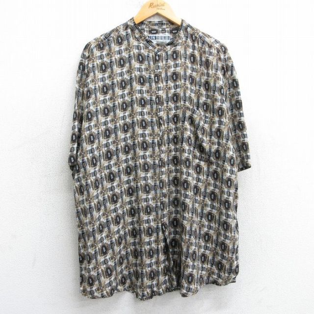 XL★古着 半袖 シャツ メンズ 00年代 00s 総柄 大きいサイズ ロング丈 レーヨン ノーカラー 黒他 ブラック 【spe】 25apr19 中古 トップス