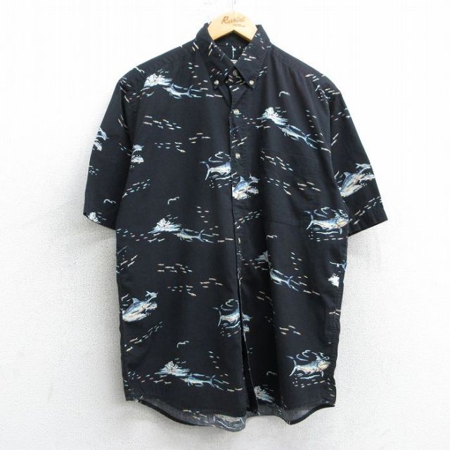 L★古着 半袖 シャツ メンズ 00年代 00s 魚 船 コットン ボタンダウン 黒他 ブラック 25apr19 中古 トップス