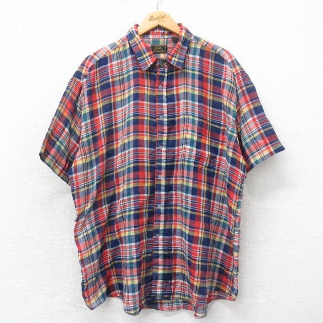 XL★古着 半袖 シャツ メンズ 90年代 90s 大きいサイズ 紺他 ネイビー チェック 25apr19 中古 トップス